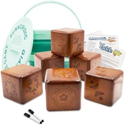 SunNordic Wooden Dice Game, 3.5" Giant Yard Dice Set Includes Farkle & Yardzee Scoreboard,1 X Collapsible Bucket, Wood Lawn Game Set For Outdoor Backyard, Party, Beach With Kid Adult -Classic Board Game Shop 41ZdHNmwG L. AC