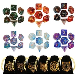 GWHOLE 42 Pcs(6 Sets) Polyhedral Dice With Gold Pattern Drawstring Pouches For DND RPG MTG Dungeon And Dragons Table Board Roll Playing Games Style 2