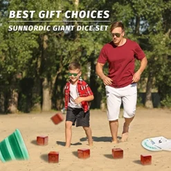 SunNordic Wooden Dice Game, 3.5" Giant Yard Dice Set Includes Farkle & Yardzee Scoreboard,1 X Collapsible Bucket, Wood Lawn Game Set For Outdoor Backyard, Party, Beach With Kid Adult -Classic Board Game Shop 51F3Y6LcDAL