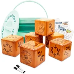 SunNordic Wooden Dice Game, 3.5" Giant Yard Dice Set Includes Farkle & Yardzee Scoreboard,1 X Collapsible Bucket, Wood Lawn Game Set For Outdoor Backyard, Party, Beach With Kid Adult -Classic Board Game Shop 51HD0MD 9wL. AC