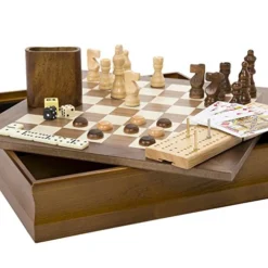 Hey! Play! 7-in-1 Classic Wooden Board Game Set – Old Fashioned Family Game Night Cards, Dice, Chess, Checkers, Backgammon, Dominoes And Cribbage (12-HY2691)