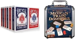 Bicycle Rider Back Playing Cards,12 Count (Pack Of 1) & Mexican Train Dominoes Set Tile Board Game In Aluminum Carry Case With Colorful Trains For Family Game Night, For Adults And Kids Ages 8 And Up -Classic Board Game Shop 51swR i9oL. AC